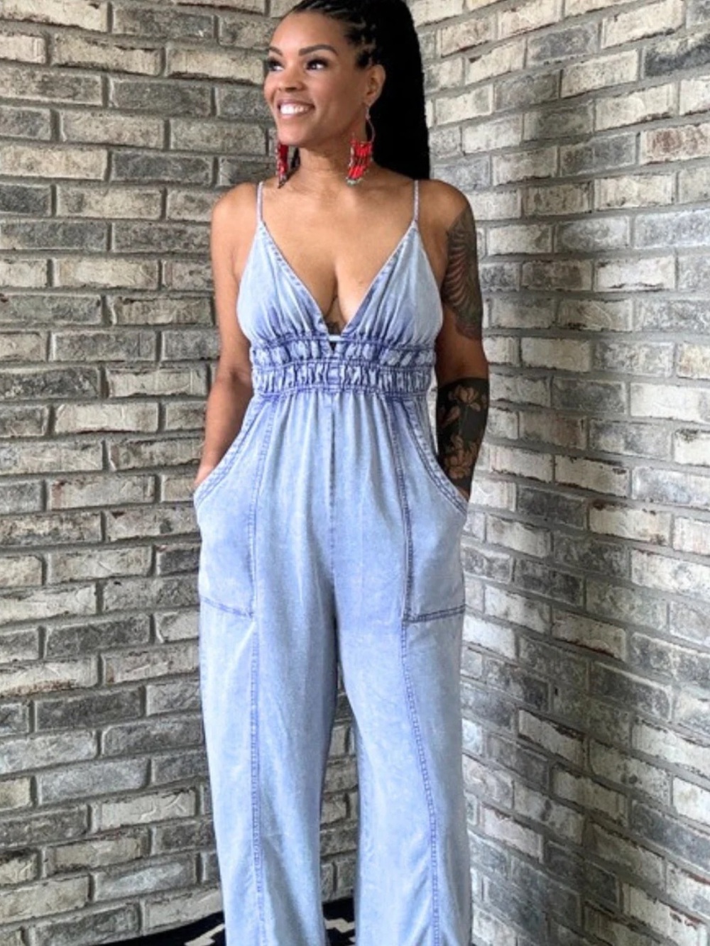 Zaful Light Blue Denim Jumpsuit with Spaghetti Straps